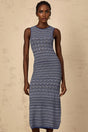 Carly Midi Dress Blue Wavy Crochet Knit Slit Hem & Metallic Thread