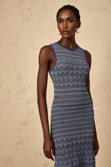 Carly Midi Dress Blue Wavy Crochet Knit Slit Hem & Metallic Thread