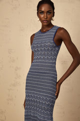 Carly Midi Dress Blue Wavy Crochet Knit Slit Hem & Metallic Thread