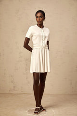 Carly Top & Skirt Set White Knit Ruffled Trim Pleated Elastic Waistband