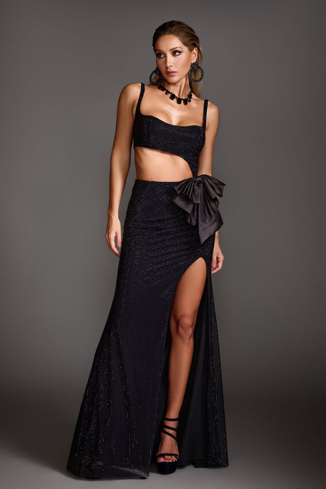 Carmela Black Maxi Dress with High Slit and Chic Bow Detail