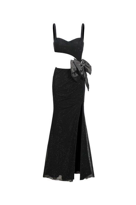 Carmela Black Maxi Dress with High Slit and Bow Detail