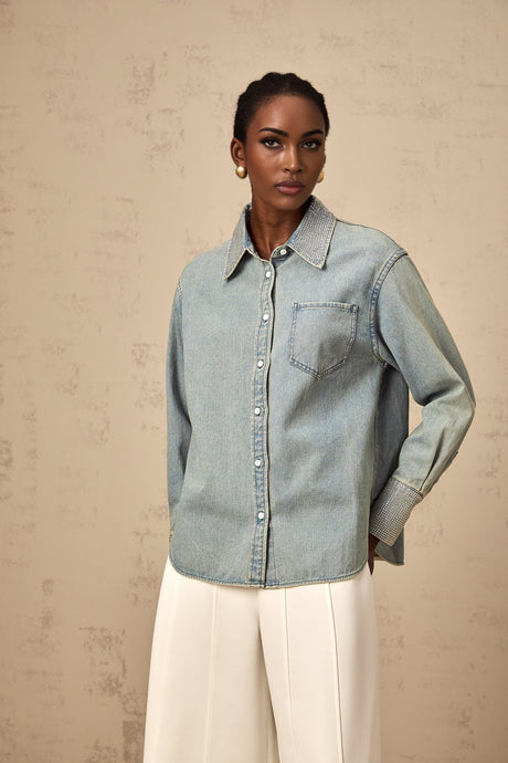 Carmela Denim Shirt - Classic Collar - Long Sleeves - Rhinestone Embellishments - Button Fastening