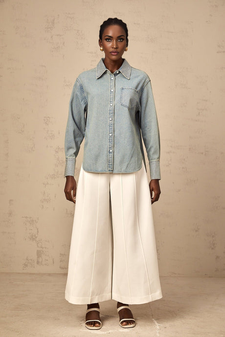 Carmela Denim Shirt - Classic Collar - Long Sleeves - Rhinestone Embellishments - Button Fastening