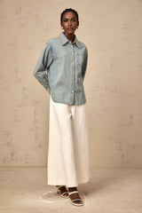 Carmela Denim Shirt - Classic Collar - Long Sleeves - Rhinestone Embellishments - Button Fastening