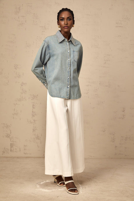Carmela Denim Shirt - Classic Collar - Long Sleeves - Rhinestone Embellishments - Button Fastening