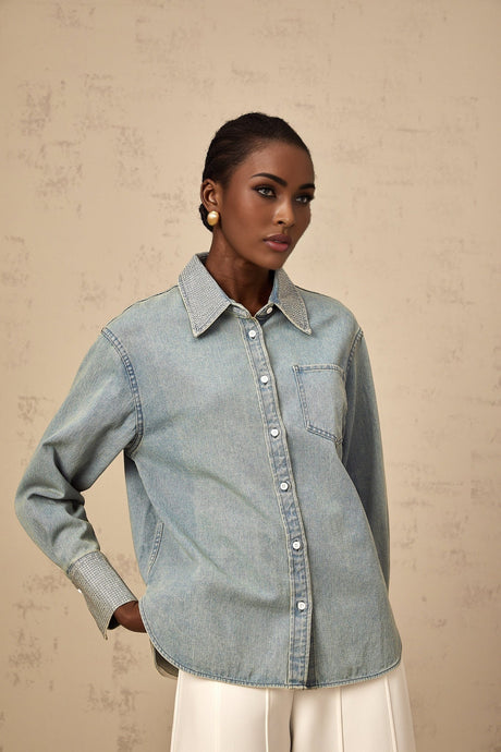 Carmela Denim Shirt - Classic Collar - Long Sleeves - Rhinestone Embellishments - Button Fastening