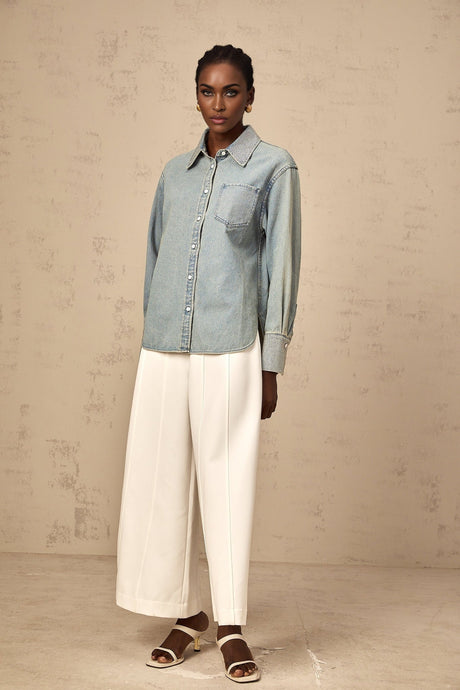Carmela Denim Shirt - Classic Collar - Long Sleeves - Rhinestone Embellishments - Button Fastening