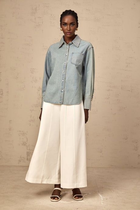 Carmela Denim Shirt - Classic Collar - Long Sleeves - Rhinestone Embellishments - Button Fastening