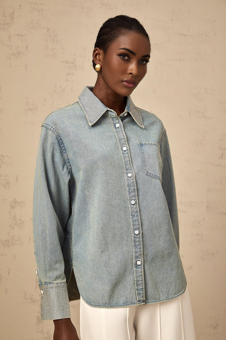 Carmela Denim Shirt - Classic Collar - Long Sleeves - Rhinestone Embellishments - Button Fastening