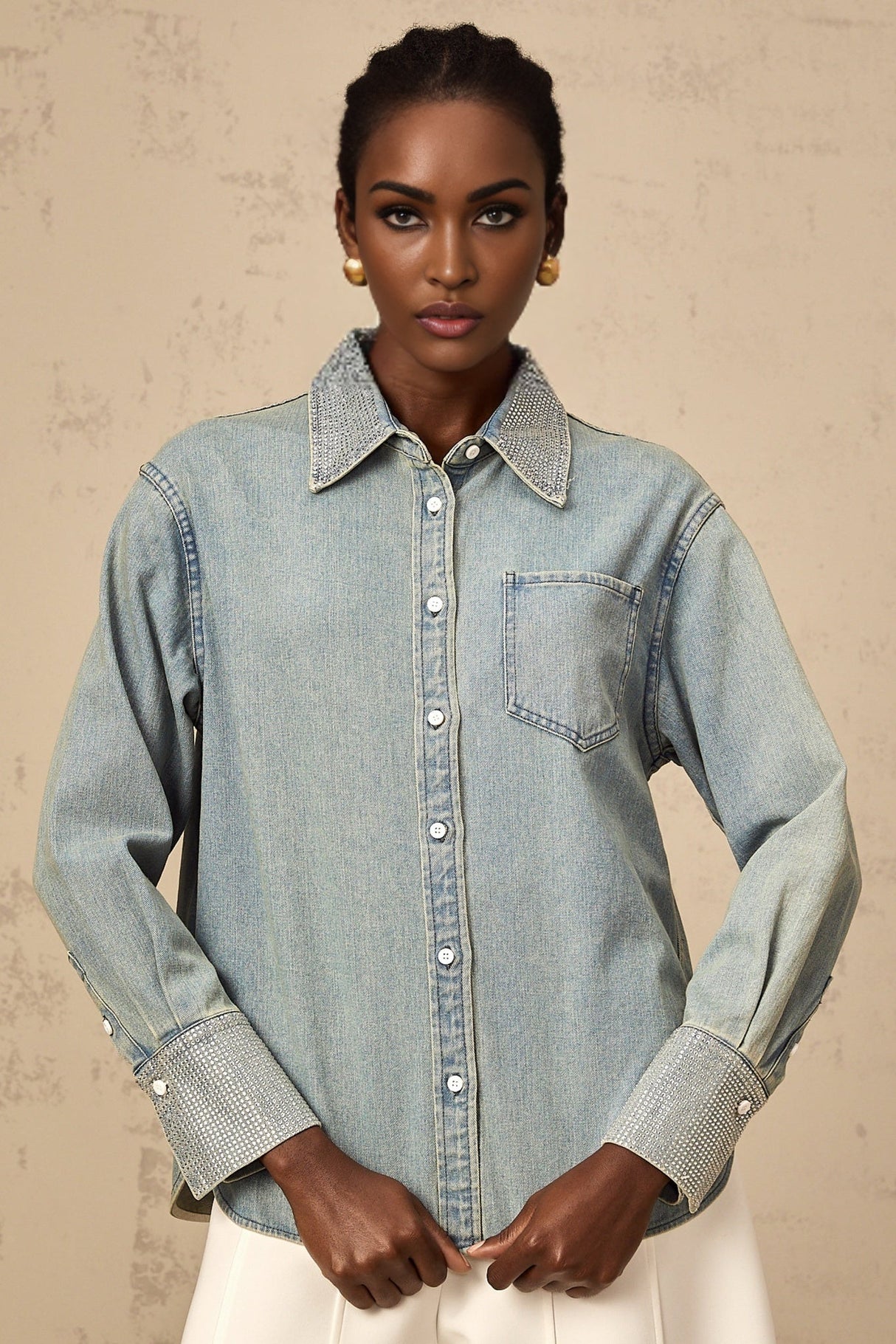 Carmela Denim Shirt - Classic Collar - Long Sleeves - Rhinestone Embellishments - Button Fastening