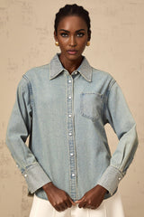 Carmela Denim Shirt - Classic Collar - Long Sleeves - Rhinestone Embellishments - Button Fastening