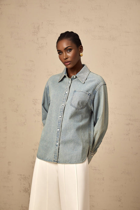 Carmela Denim Shirt - Classic Collar - Long Sleeves - Rhinestone Embellishments - Button Fastening