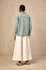 Carmela Denim Shirt - Classic Collar - Long Sleeves - Rhinestone Embellishments - Button Fastening