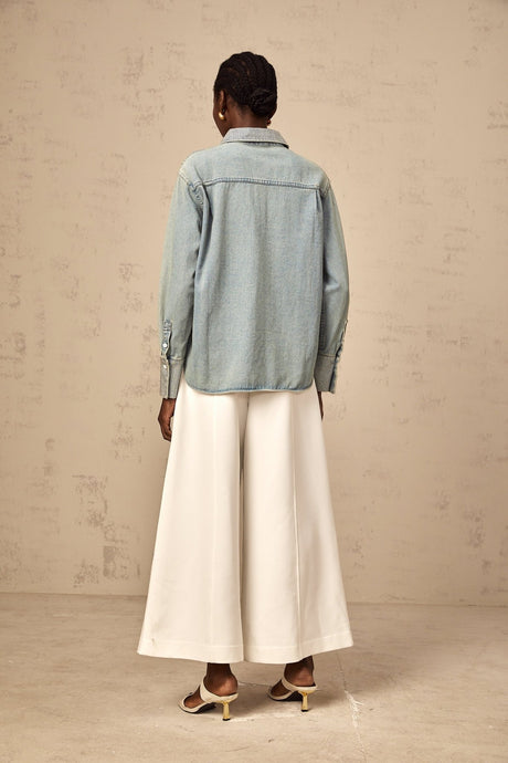 Carmela Denim Shirt - Classic Collar - Long Sleeves - Rhinestone Embellishments - Button Fastening