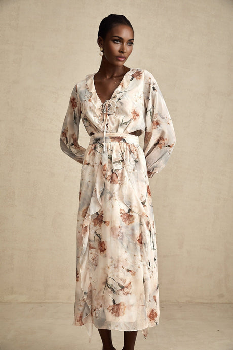 Carmela Floral Midi Dress - V - Neck with Tied Feature - Long Puff Sleeves - Open Waist with Ruffled Detailing - Subtle Side Slit
