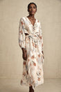 Carmela Floral Midi Dress - V - Neck with Tied Feature - Long Puff Sleeves - Open Waist with Ruffled Detailing - Subtle Side Slit