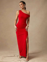 Carmela Maxi Dress - Refined Style - Slim Fit - Sleeveless - Asymmetrical, Ruched, Split Thigh - Natural Waist Line - Modern Look
