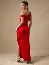 Carmela Maxi Dress - Refined Style - Slim Fit - Sleeveless - Asymmetrical, Ruched, Split Thigh - Natural Waist Line - Modern Look