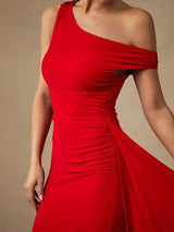 Carmela Maxi Dress - Refined Style - Slim Fit - Sleeveless - Asymmetrical, Ruched, Split Thigh - Natural Waist Line - Modern Look