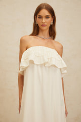 Carmela Maxi Dress - White Off - the - Shoulder Shirred Ruffle Hemline Slit Pockets Floor - Length Feminine Touch
