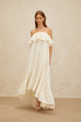 Carmela Maxi Dress - White Off - the - Shoulder Shirred Ruffle Hemline Slit Pockets Floor - Length Feminine Touch