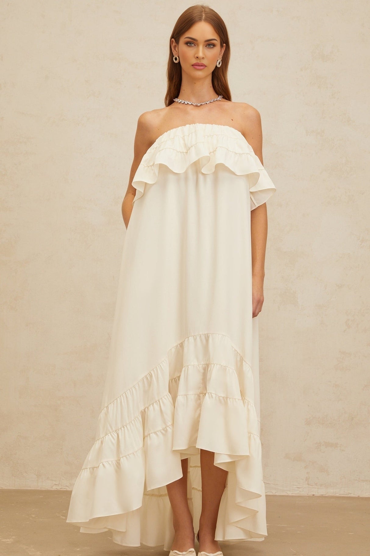 Carmela Maxi Dress - White Off - the - Shoulder Shirred Ruffle Hemline Slit Pockets Floor - Length Feminine Touch
