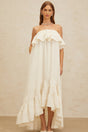 Carmela Maxi Dress - White Off - the - Shoulder Shirred Ruffle Hemline Slit Pockets Floor - Length Feminine Touch