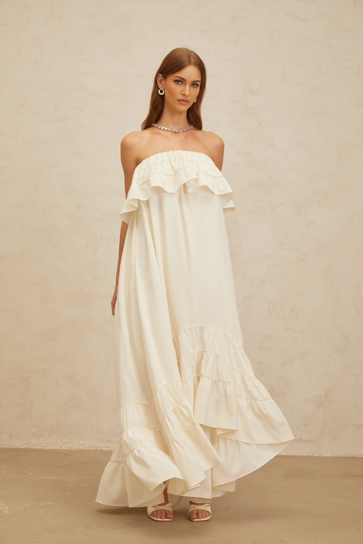 Carmela Maxi Dress - White Off - the - Shoulder Shirred Ruffle Hemline Slit Pockets Floor - Length Feminine Touch