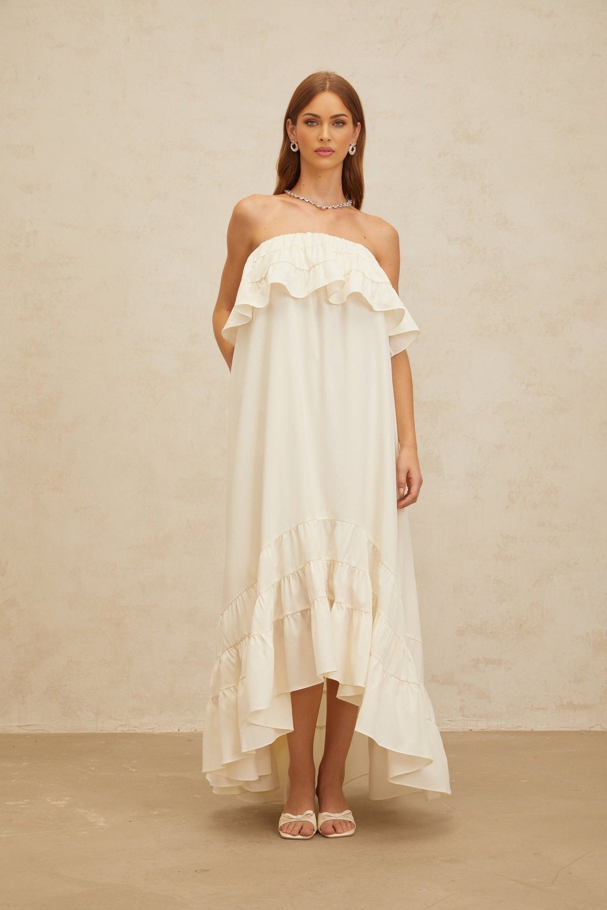 Carmela Maxi Dress - White Off - the - Shoulder Shirred Ruffle Hemline Slit Pockets Floor - Length Feminine Touch