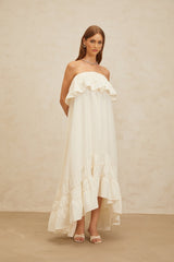 Carmela Maxi Dress - White Off - the - Shoulder Shirred Ruffle Hemline Slit Pockets Floor - Length Feminine Touch