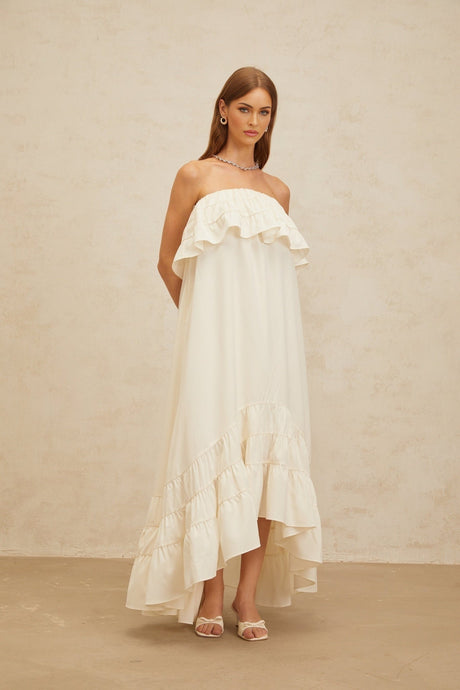 Carmela Maxi Dress - White Off - the - Shoulder Shirred Ruffle Hemline Slit Pockets Floor - Length Feminine Touch