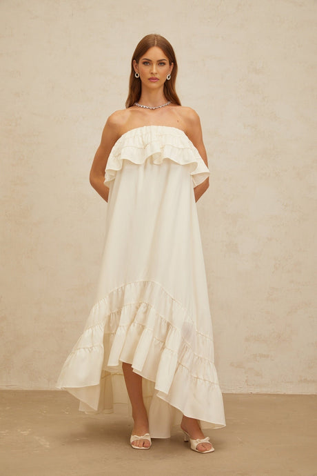 Carmela Maxi Dress - White Off - the - Shoulder Shirred Ruffle Hemline Slit Pockets Floor - Length Feminine Touch