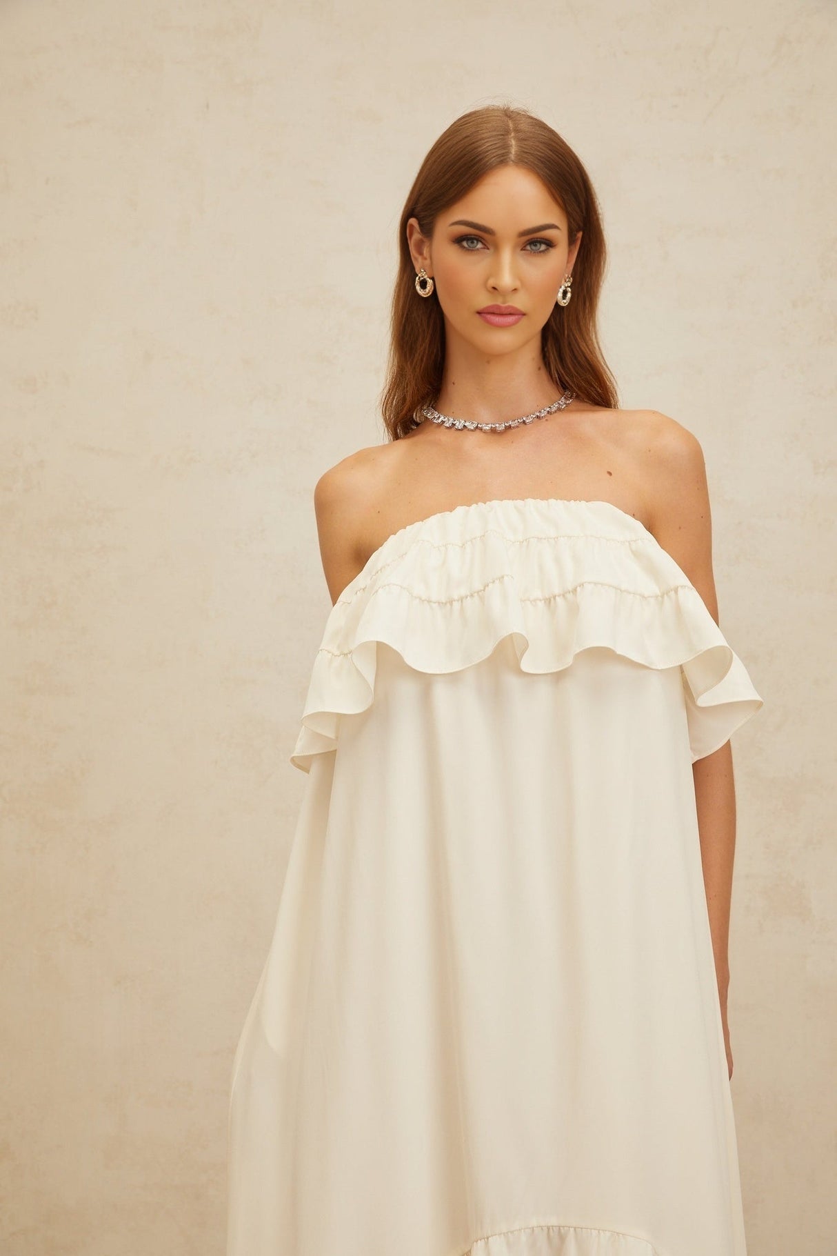 Carmela Maxi Dress - White Off - the - Shoulder Shirred Ruffle Hemline Slit Pockets Floor - Length Feminine Touch
