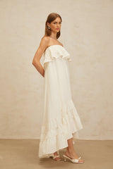 Carmela Maxi Dress - White Off - the - Shoulder Shirred Ruffle Hemline Slit Pockets Floor - Length Feminine Touch