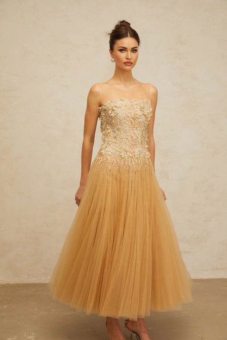 Carmela Midi Dress Sequined Tulle Floral Appliqu Pleated Skirt