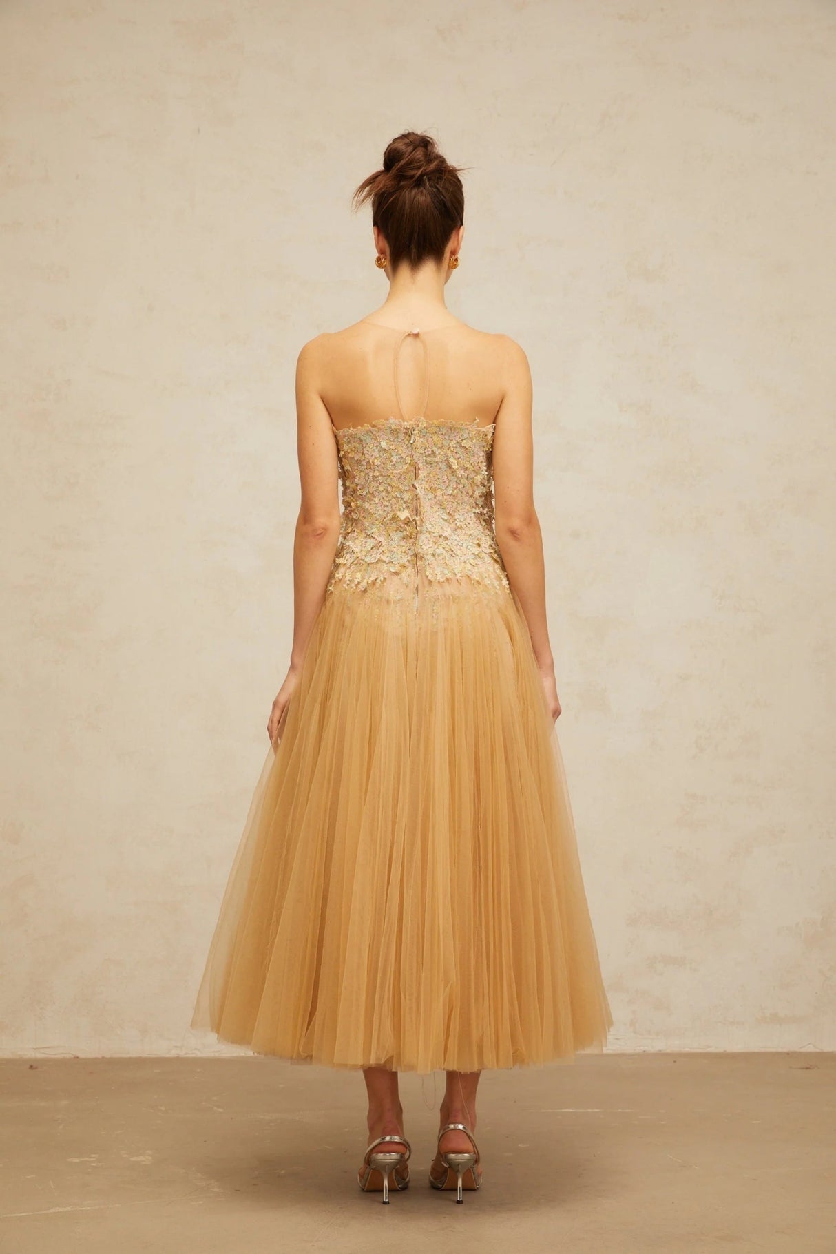Carmela Midi Dress Sequined Tulle Floral Appliqu Pleated Skirt