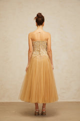 Carmela Midi Dress Sequined Tulle Floral Appliqu Pleated Skirt
