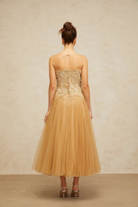 Carmela Midi Dress Sequined Tulle Floral Appliqu Pleated Skirt