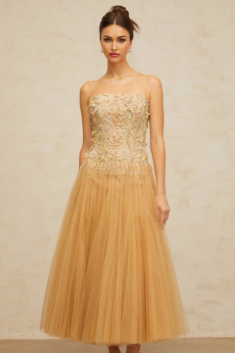 Carmela Midi Dress Sequined Tulle Floral Appliqu Pleated Skirt