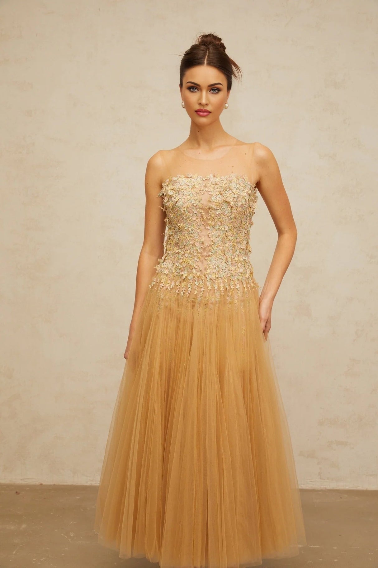 Carmela Midi Dress Sequined Tulle Floral Appliqu Pleated Skirt