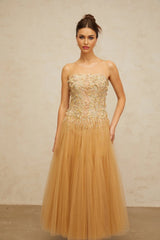 Carmela Midi Dress Sequined Tulle Floral Appliqu Pleated Skirt