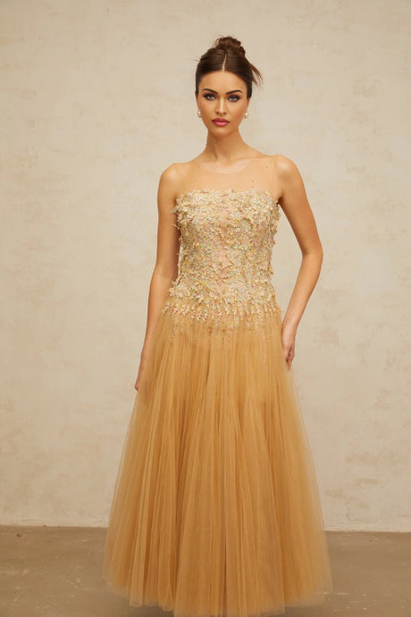 Carmela Midi Dress Sequined Tulle Floral Appliqu Pleated Skirt
