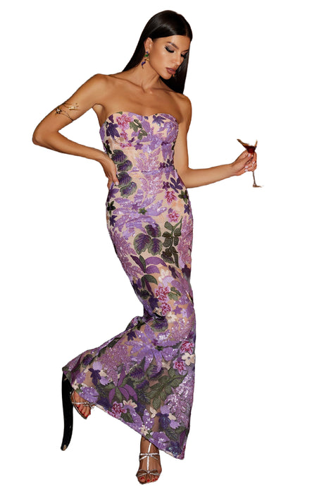 Carmela Purple Floral Sequin Mesh Evening Dress
