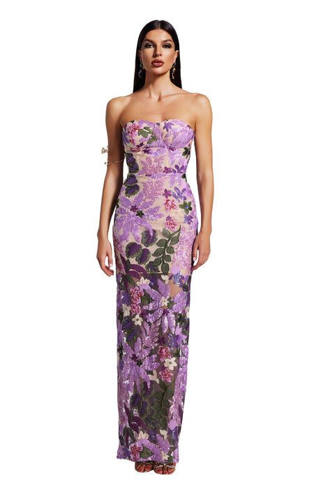 Carmela Purple Floral Sequin Mesh Strapless Evening Dress