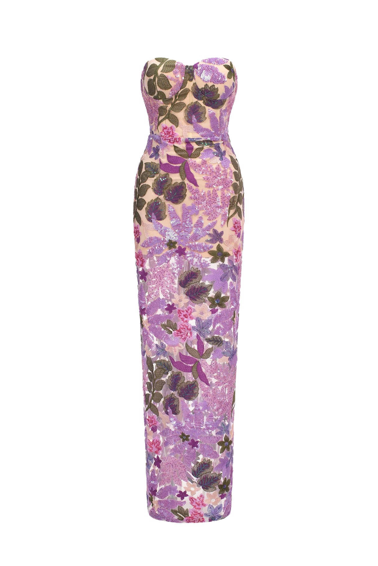 Carmela Purple Floral Sequin Mesh Strapless Evening Dress