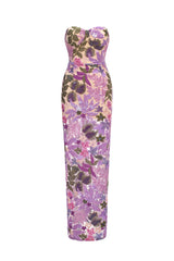 Carmela Purple Floral Sequin Mesh Strapless Evening Dress