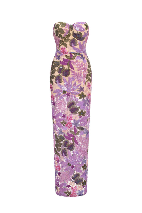 Carmela Purple Floral Sequin Mesh Strapless Evening Dress