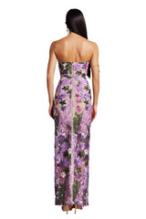 Carmela Purple Sequin Floral Mesh Evening Dress