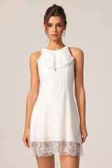 Carmela White Lace Overlay Ruffle Detail Knee-Length Dress